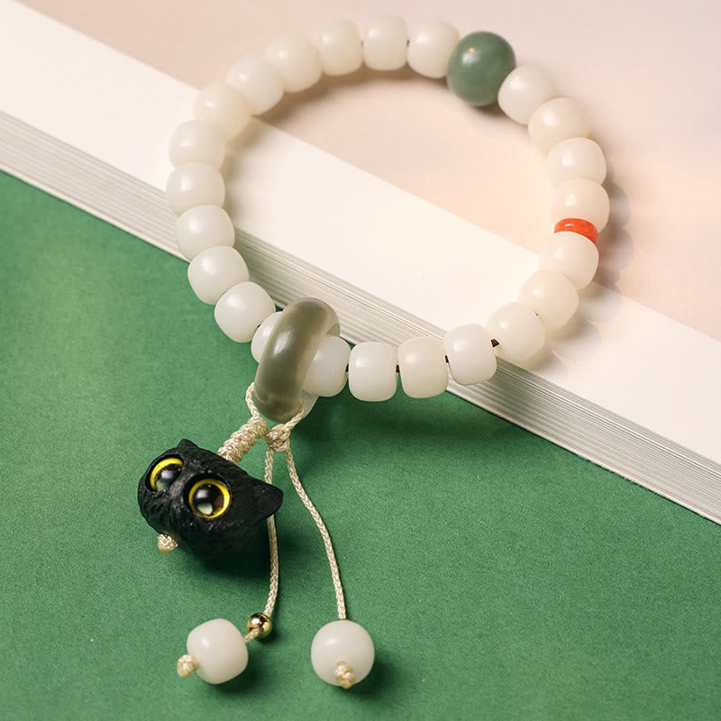 Natural Bodhi Seed Bracelet with Cat Charm for Peace & Harmony