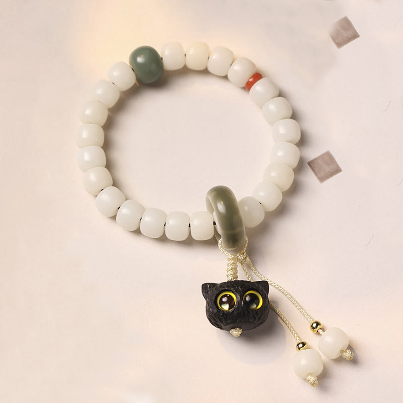 Natural Bodhi Seed Bracelet with Cat Charm for Peace & Harmony