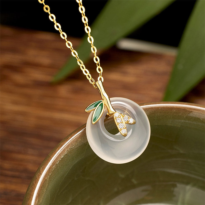 Natural Chalcedony Silver Spiritual Necklace with Bamboo Peace Buckle