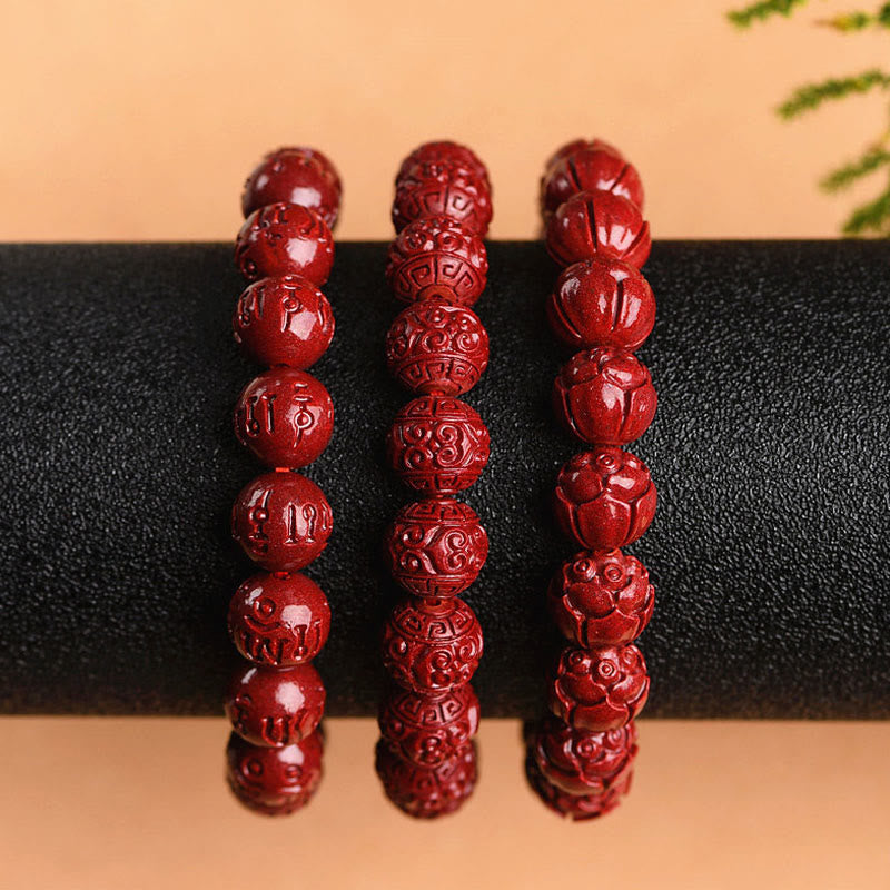 Natural Cinnabar Om Mani Padme Hum Fret Pattern Bracelet 8mm