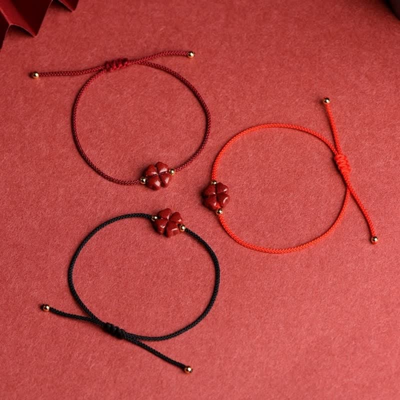Natural Cinnabar Red String Bracelet with Four Leaf Clover Blessing