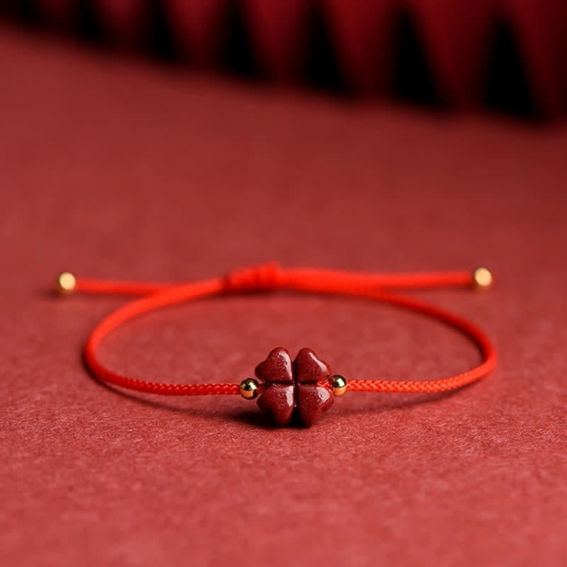 Natural Cinnabar Red String Bracelet with Four Leaf Clover Blessing