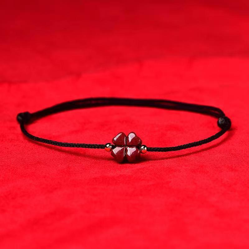 Natural Cinnabar Red String Bracelet with Four Leaf Clover Blessing