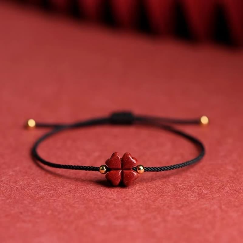 Natural Cinnabar Red String Bracelet with Four Leaf Clover Blessing
