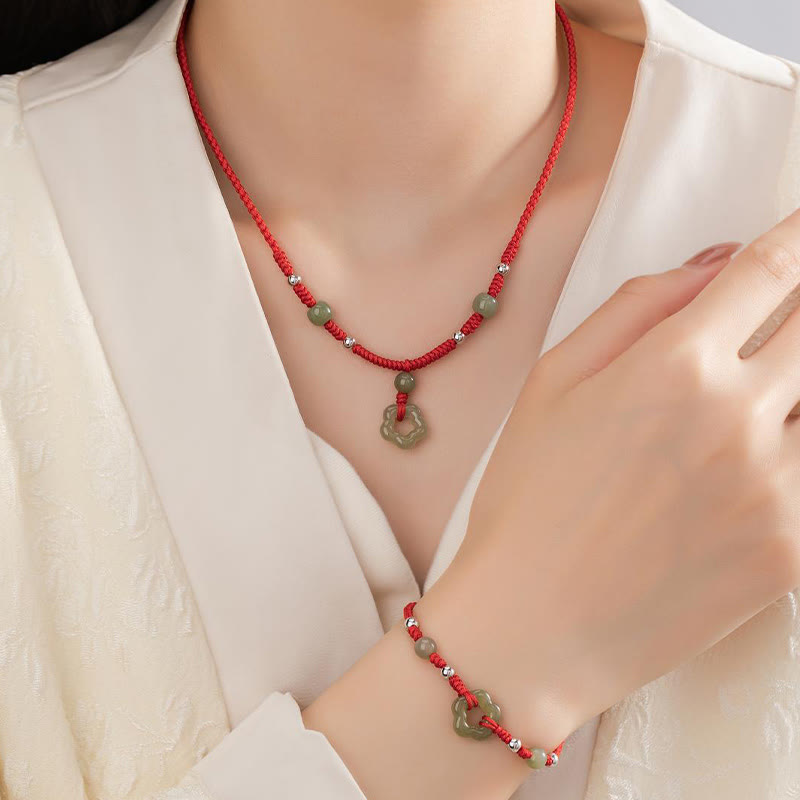Natural Hetian Cyan Jade Necklace & Bracelet Set for Luck