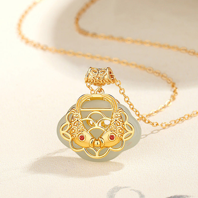 Natural Hetian Jade Koi Fish Wealth Necklace in Sterling Silver