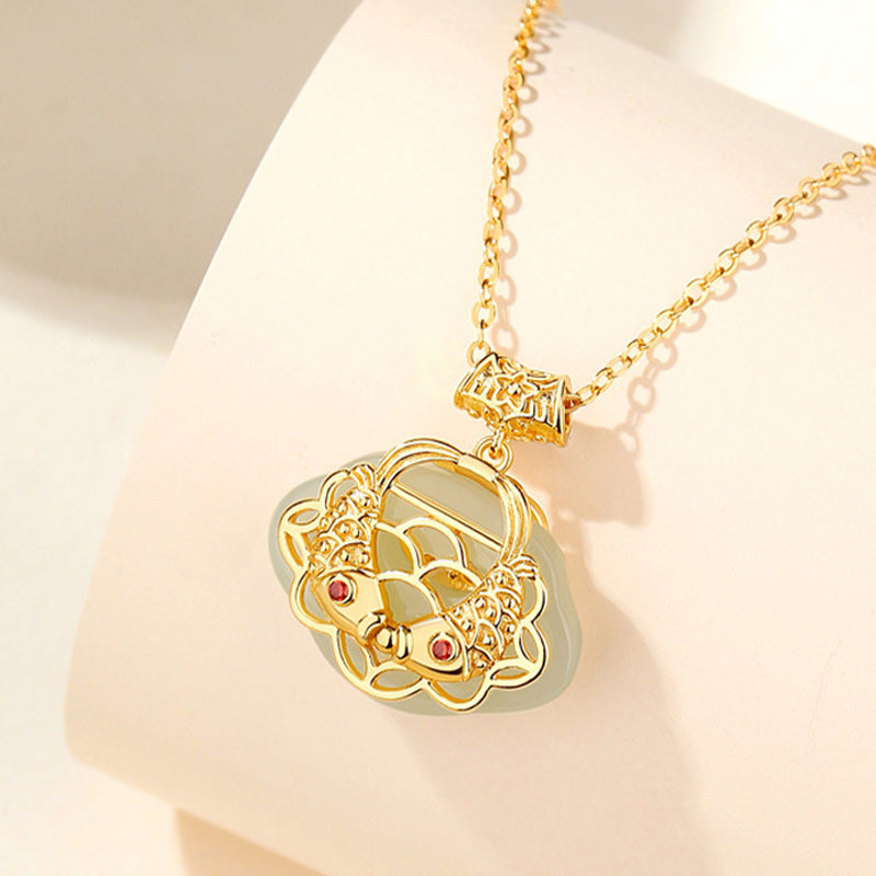 Natural Hetian Jade Koi Fish Wealth Necklace in Sterling Silver