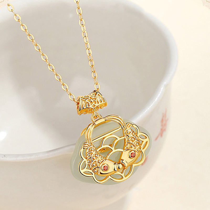 Natural Hetian Jade Koi Fish Wealth Necklace in Sterling Silver