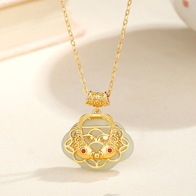 Natural Hetian Jade Koi Fish Wealth Necklace in Sterling Silver