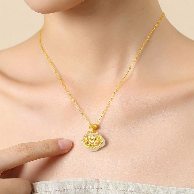 Natural Hetian Jade Koi Fish Wealth Necklace in Sterling Silver