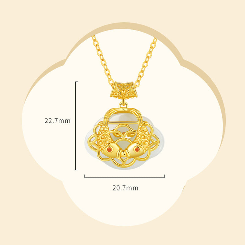 Natural Hetian Jade Koi Fish Wealth Necklace in Sterling Silver