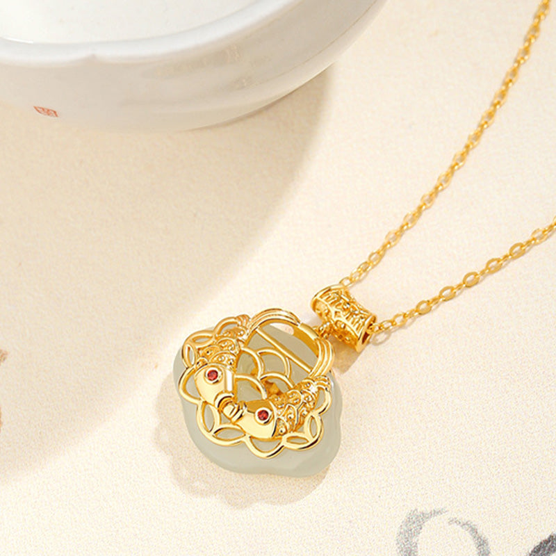 Natural Hetian Jade Koi Fish Wealth Necklace in Sterling Silver