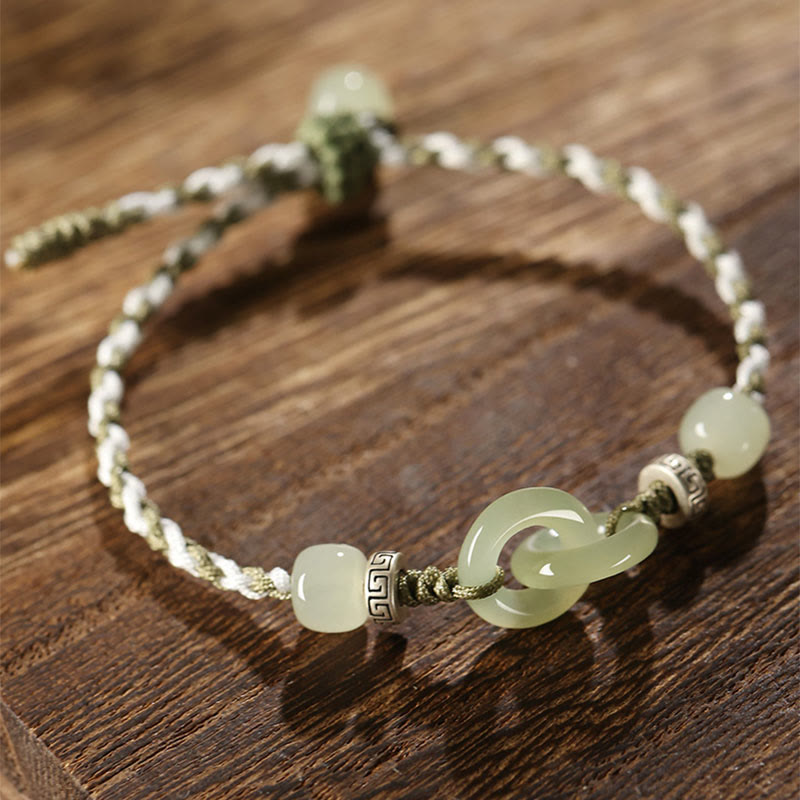 Natural Hetian Jade Peace Buckle Braided Bracelet