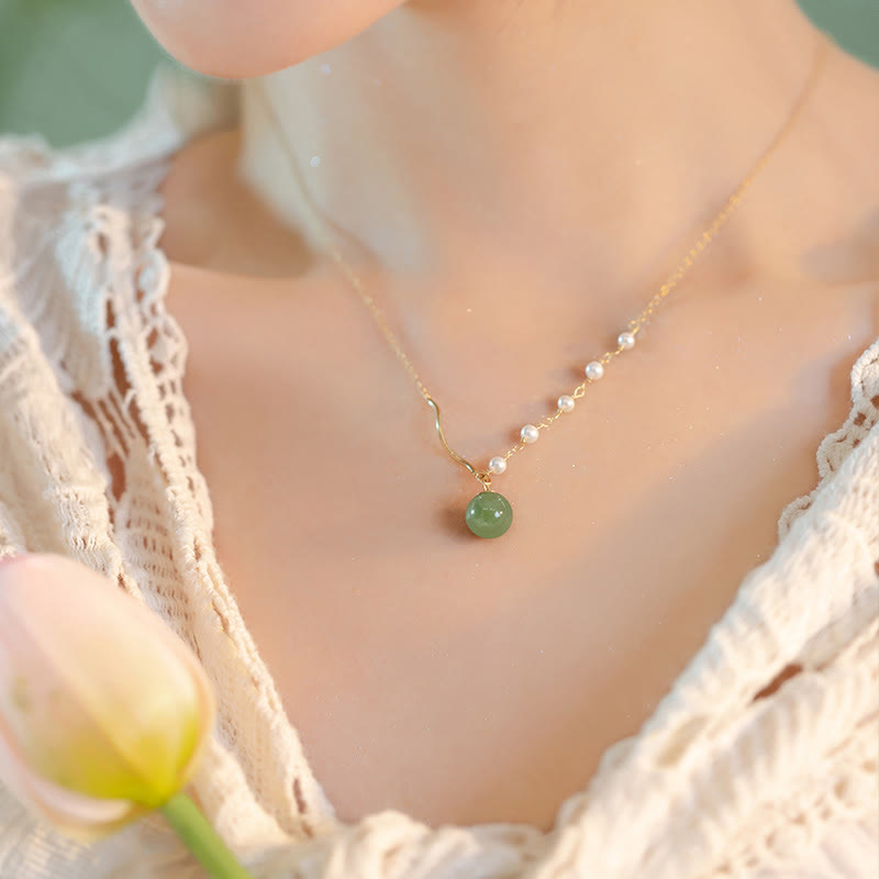 Natural Hetian Jade Pearl Luck Bead Necklace for Prosperity
