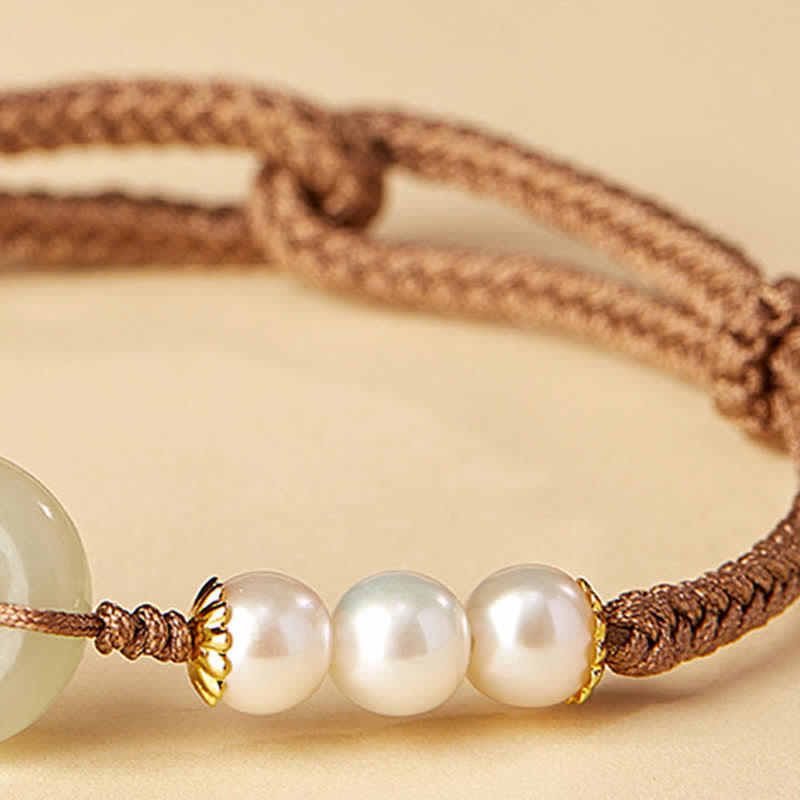 Natural Hetian Jade Pearl Peace Buckle Luck Bracelet