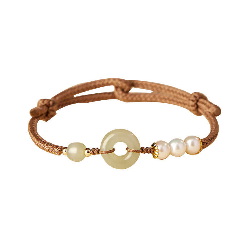 Natural Hetian Jade Pearl Peace Buckle Luck Bracelet