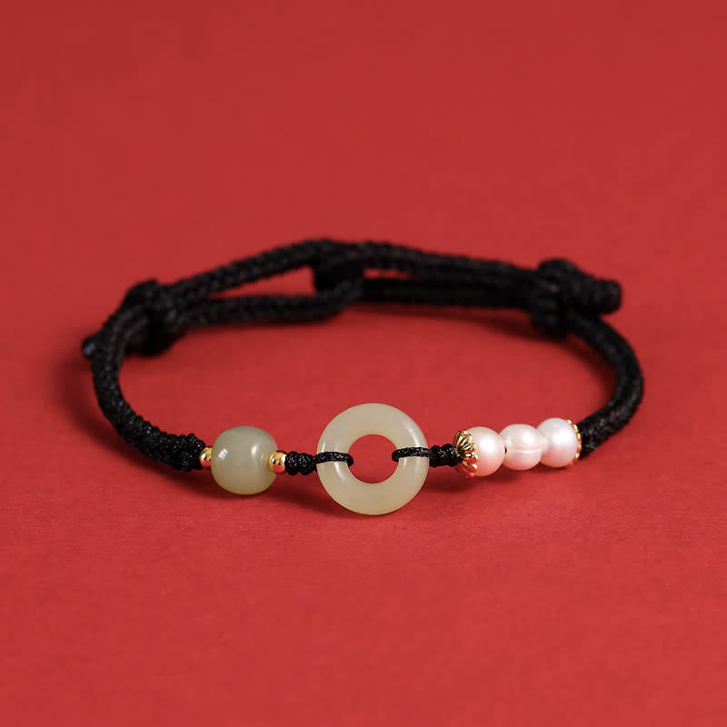 Natural Hetian Jade Pearl Peace Buckle Luck Bracelet