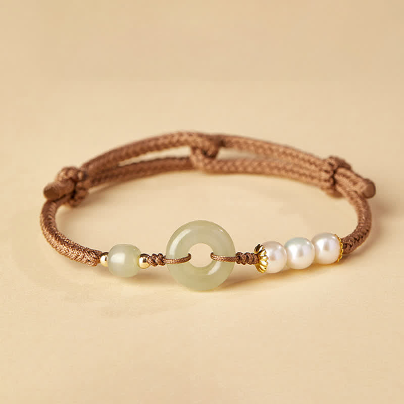 Natural Hetian Jade Pearl Peace Buckle Luck Bracelet