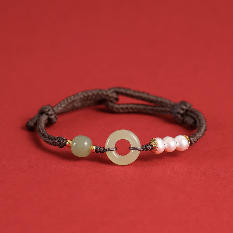 Natural Hetian Jade Pearl Peace Buckle Luck Bracelet