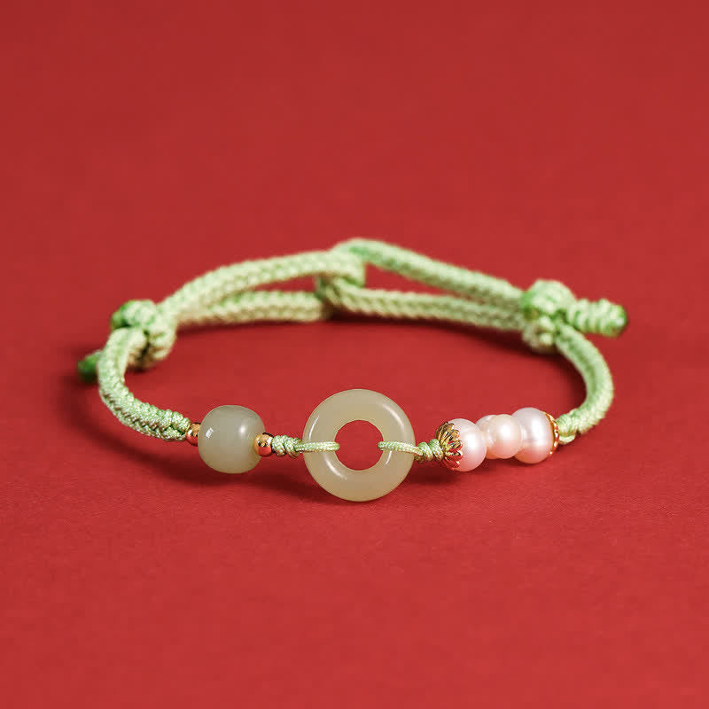 Natural Hetian Jade Pearl Peace Buckle Luck Bracelet
