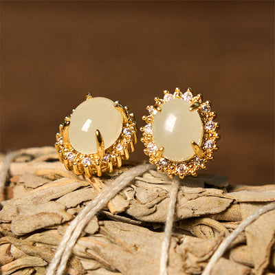 Natural Hetian Jade Prosperity Earrings with Copper Base