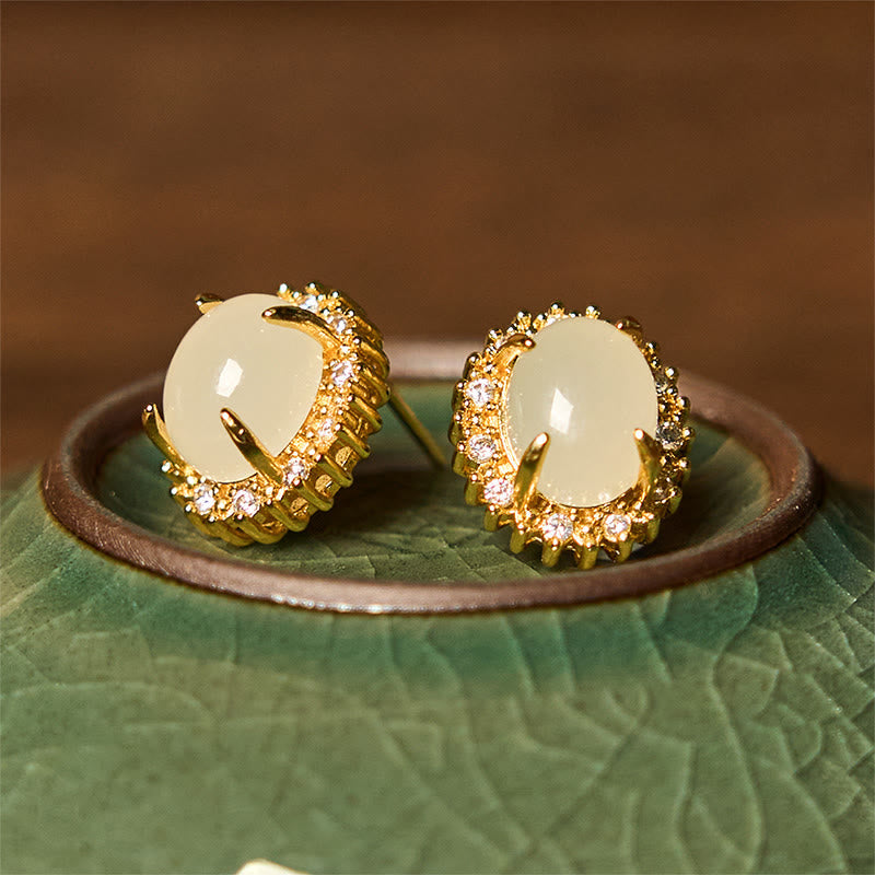 Natural Hetian Jade Prosperity Earrings with Copper Base