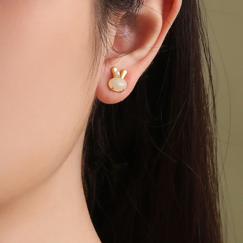 Natural Hetian Jade Rabbit Pearl Earrings