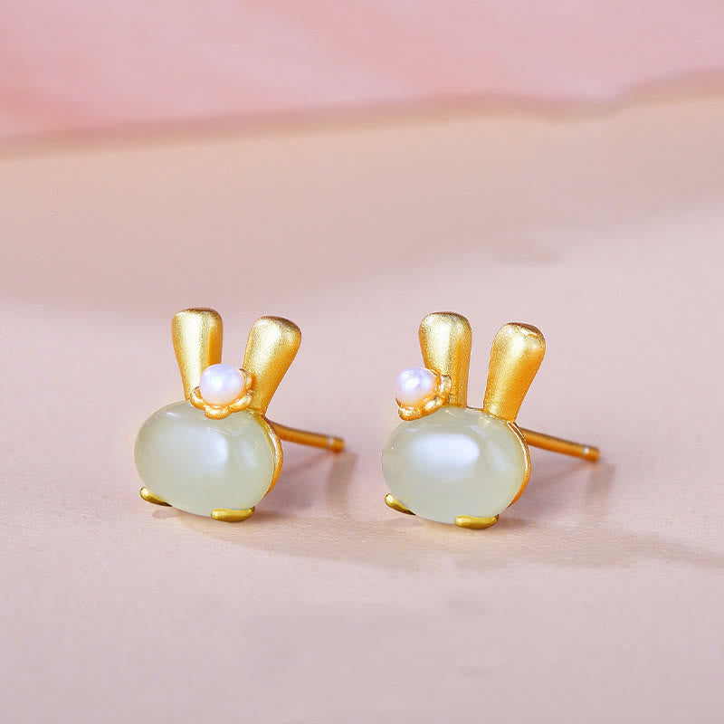 Natural Hetian Jade Rabbit Pearl Earrings