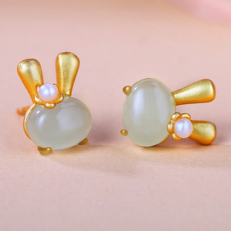 Natural Hetian Jade Rabbit Pearl Earrings