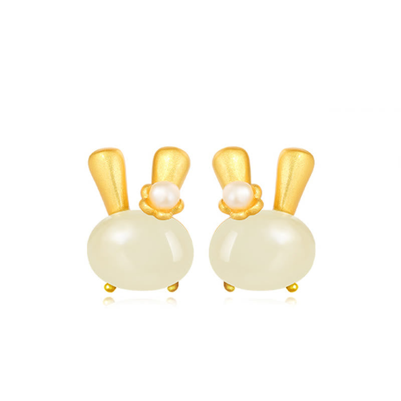 Natural Hetian Jade Rabbit Pearl Earrings