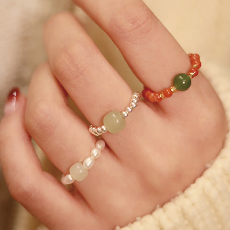 Natural Hetian Jade, Red Agate & Pearl Elastic Ring