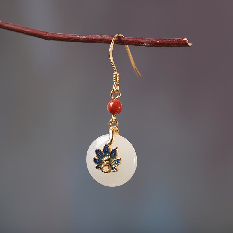 Natural Hetian White Jade Jewelry Set with Sterling Silver Blessing Peacock