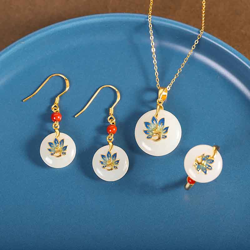 Natural Hetian White Jade Jewelry Set with Sterling Silver Blessing Peacock