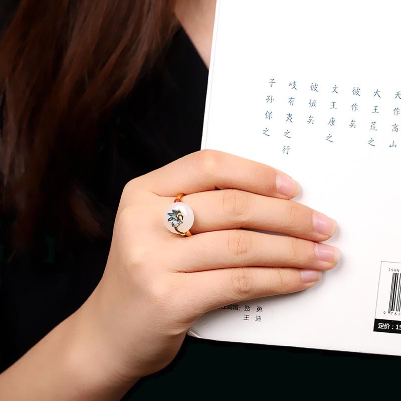Natural Hetian White Jade Jewelry Set with Sterling Silver Blessing Peacock