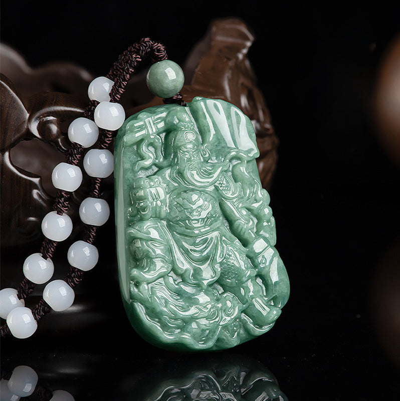 Natural Jade Guan Gong Wealth Necklace Pendant