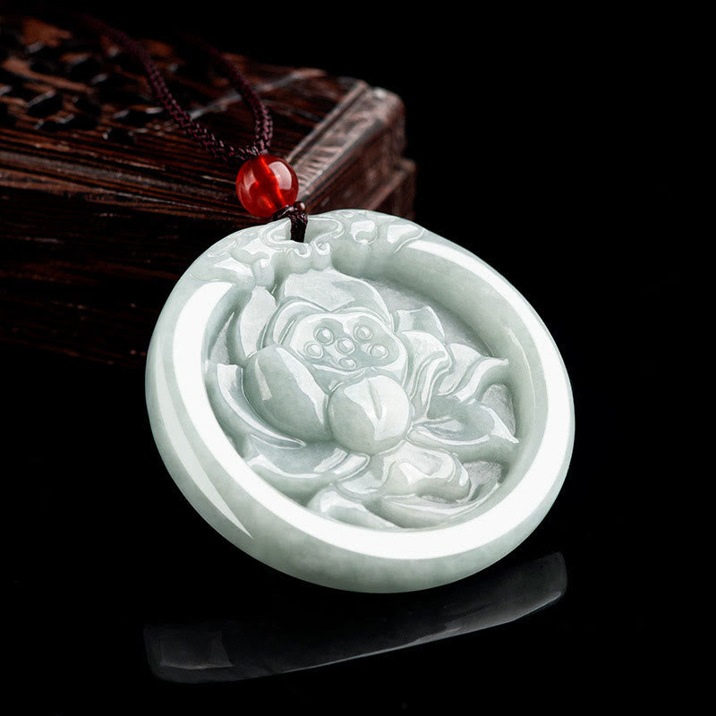 Natural Jade Lotus Flower Carved Prosperity Necklace
