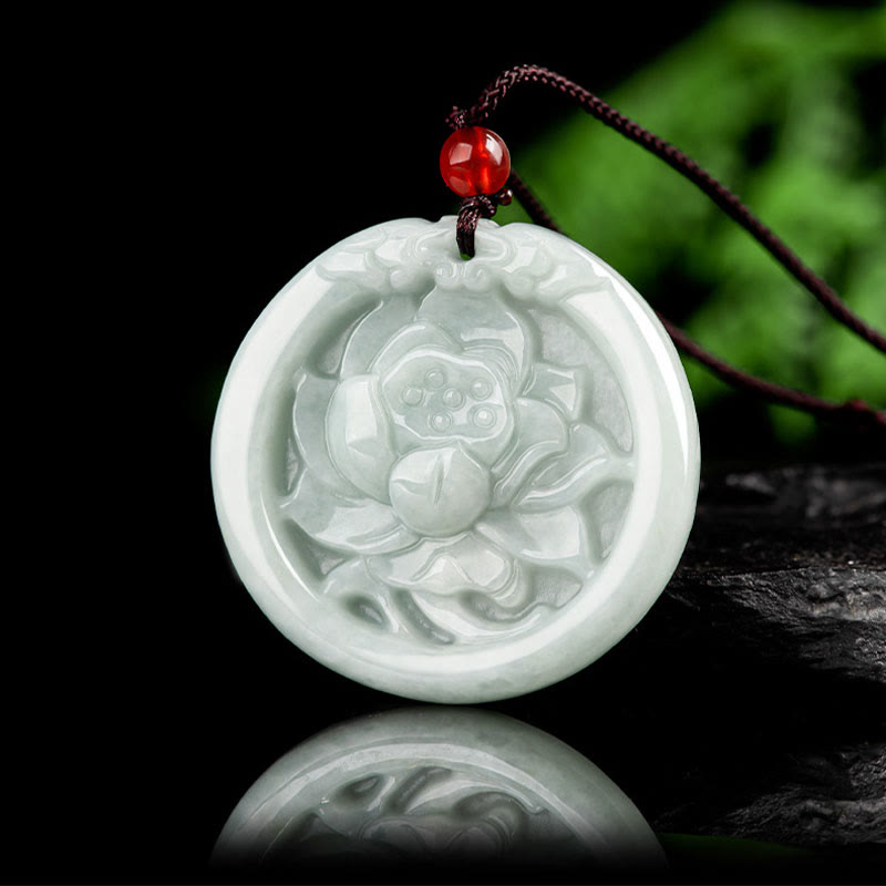 Natural Jade Lotus Flower Carved Prosperity Necklace