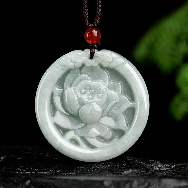 Natural Jade Lotus Flower Carved Prosperity Necklace