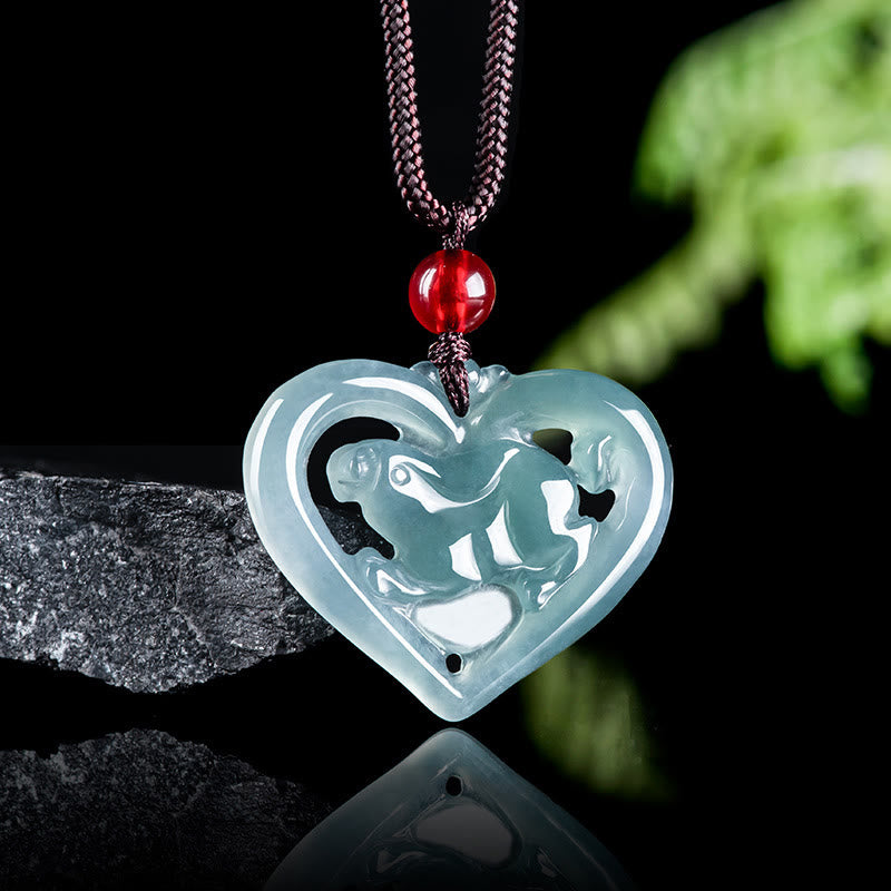 Natural Jade Love Heart Rabbit Luck Necklace Pendant