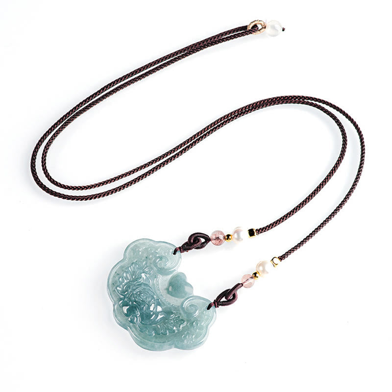 Natural Jade Peony Flower Prosperity Necklace Pendant 32.5mm