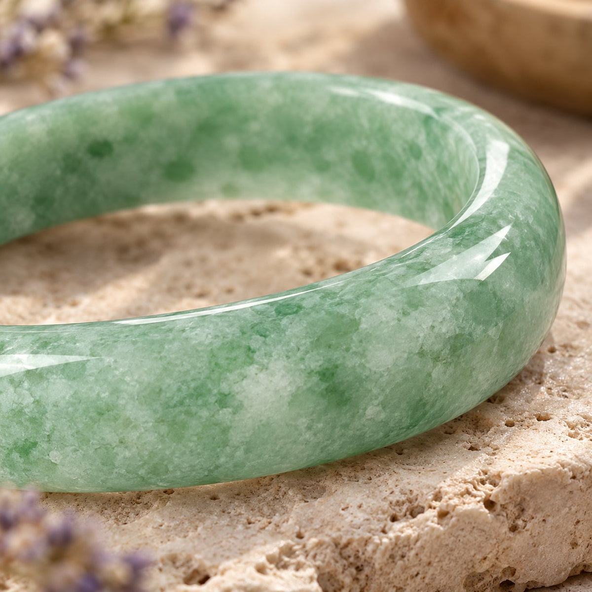 Natural Jade Prosperity Bangle Bracelet 60-61mm, close-up of the material and finish