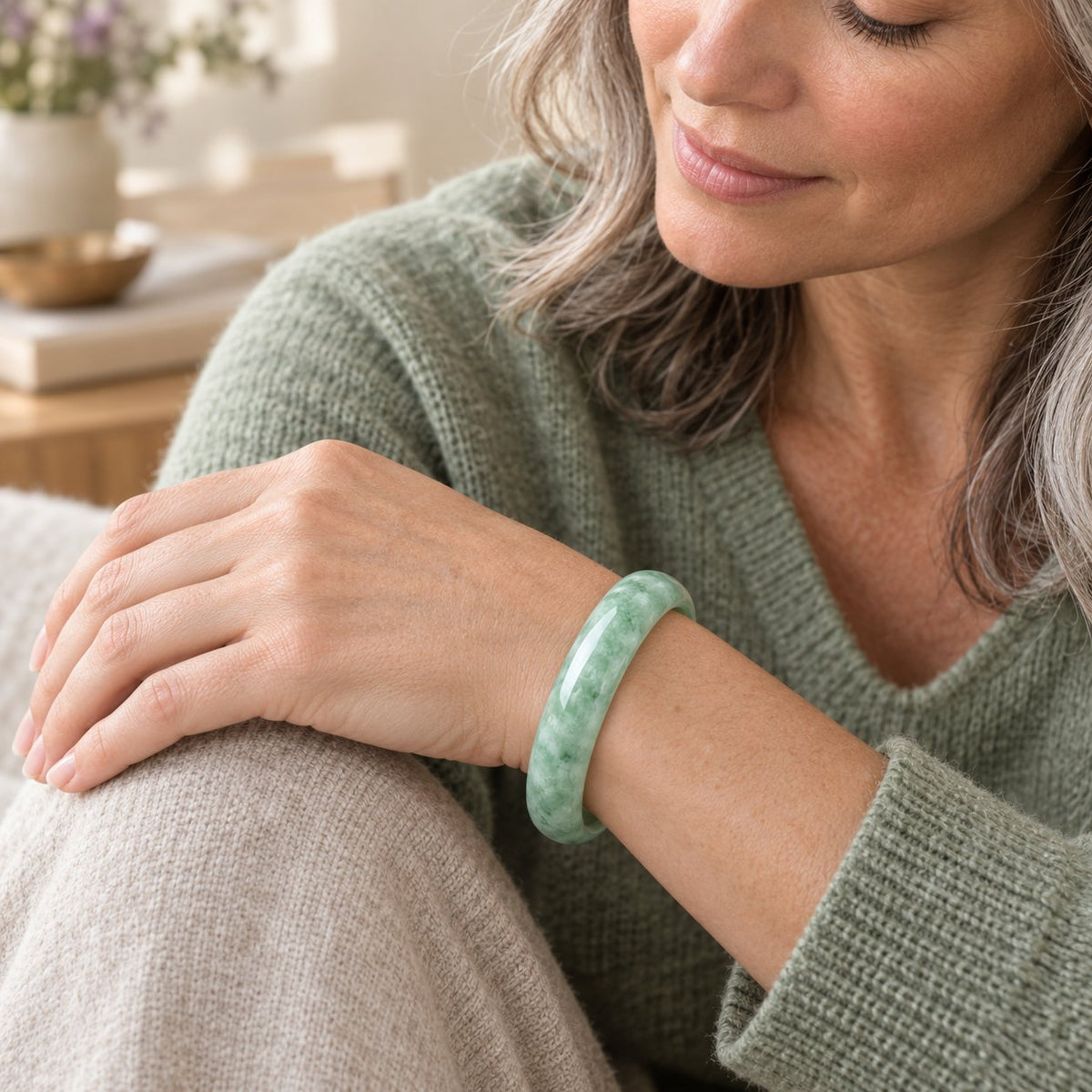 Natural Jade Prosperity Bangle Bracelet 60-61mm, worn by a woman