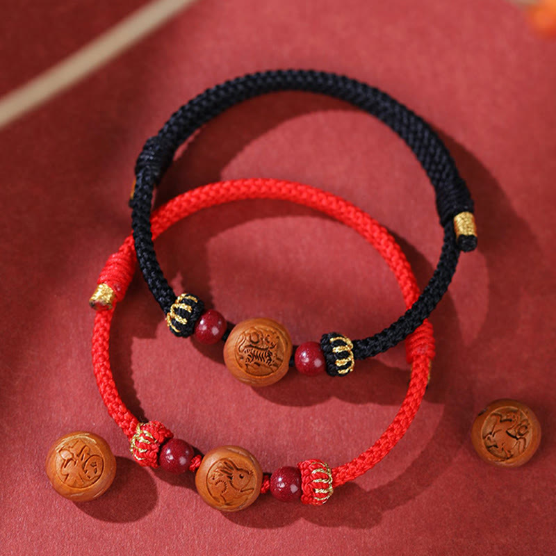 Natural Peach Wood Chinese Zodiac Fu Cinnabar Wealth Bracelet