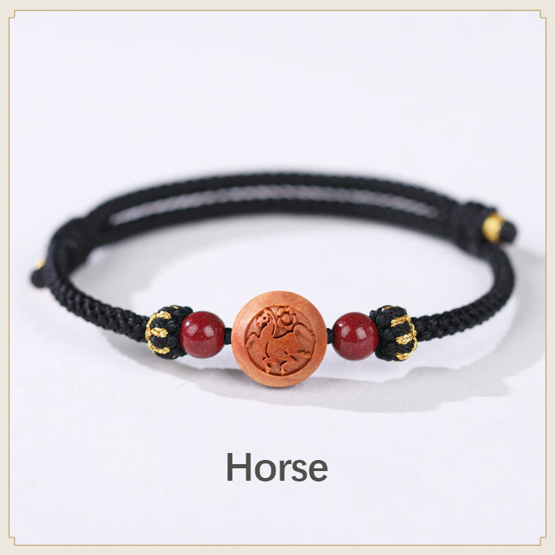 Natural Peach Wood Chinese Zodiac Fu Cinnabar Wealth Bracelet
