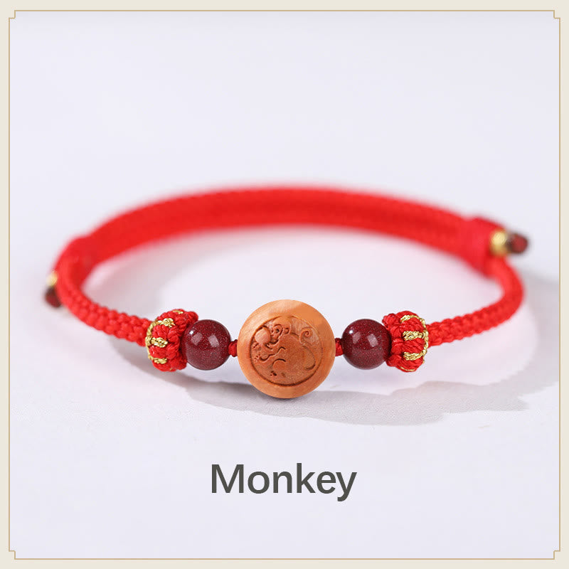 Natural Peach Wood Chinese Zodiac Fu Cinnabar Wealth Bracelet