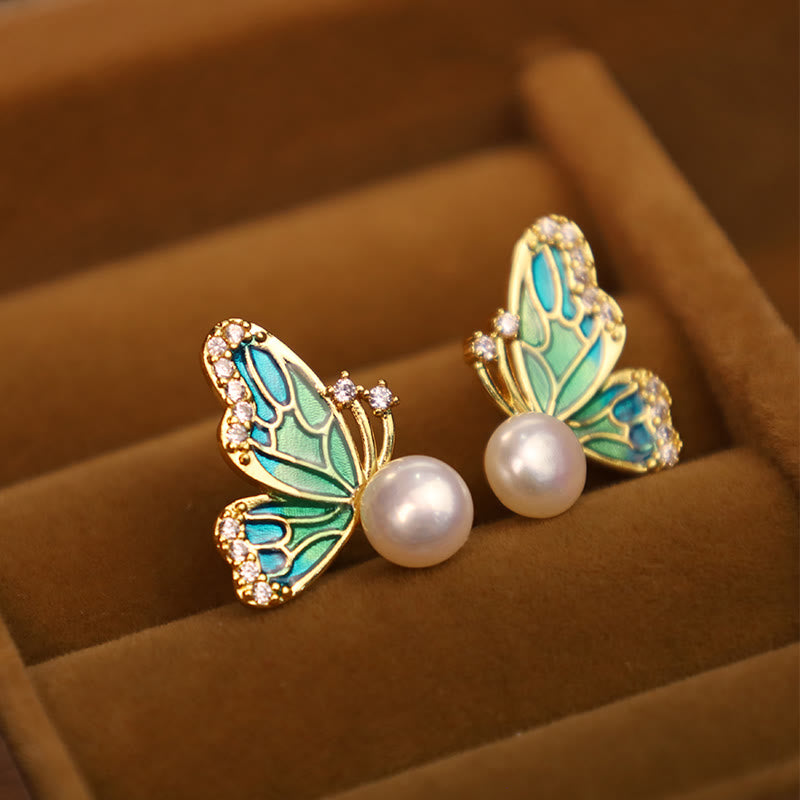 Natural Pearl Butterfly Healing Stud Earrings with Sterling Silver Posts