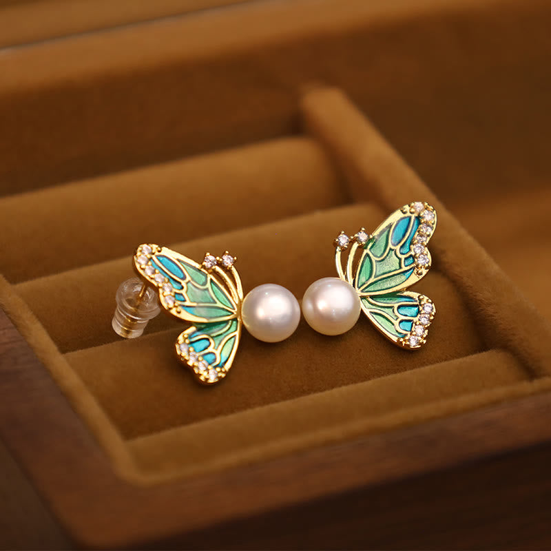 Natural Pearl Butterfly Healing Stud Earrings with Sterling Silver Posts