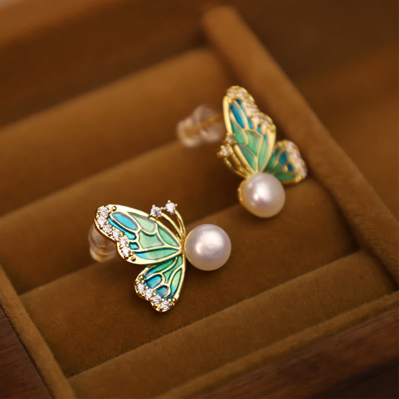 Natural Pearl Butterfly Healing Stud Earrings with Sterling Silver Posts