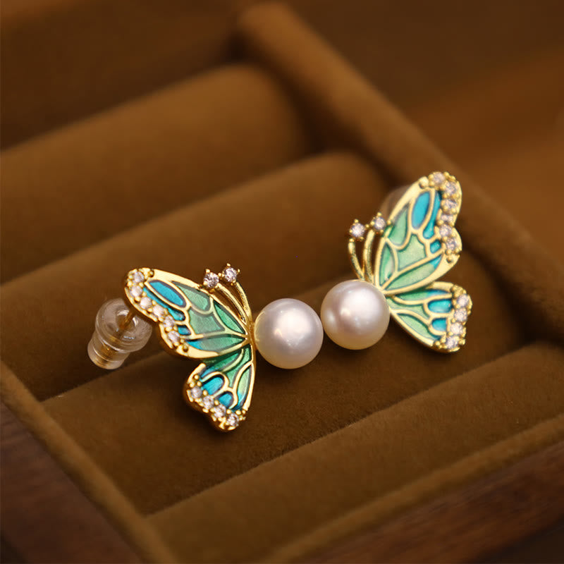 Natural Pearl Butterfly Healing Stud Earrings with Sterling Silver Posts