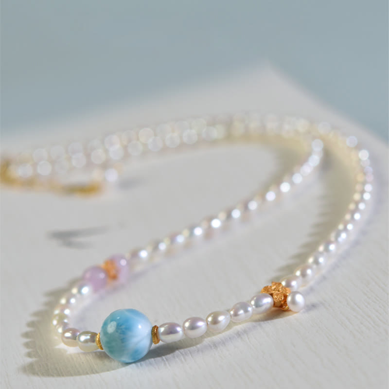 Natural Pearl Larimar Sincerity Necklace 40cm | Healing Sounds